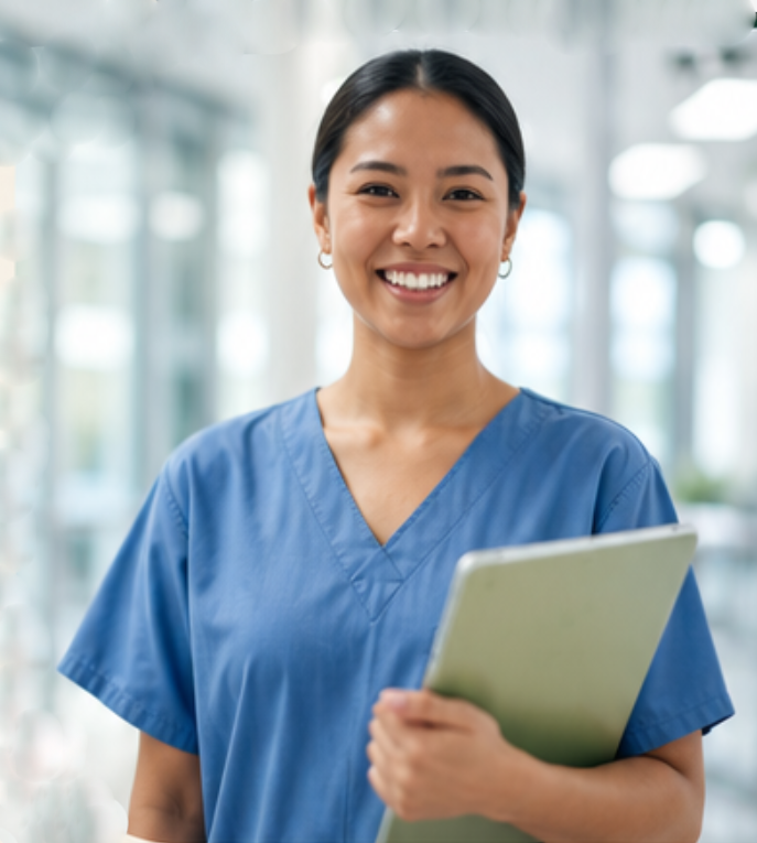 Smiling nurse in blue scrubs holding a folder